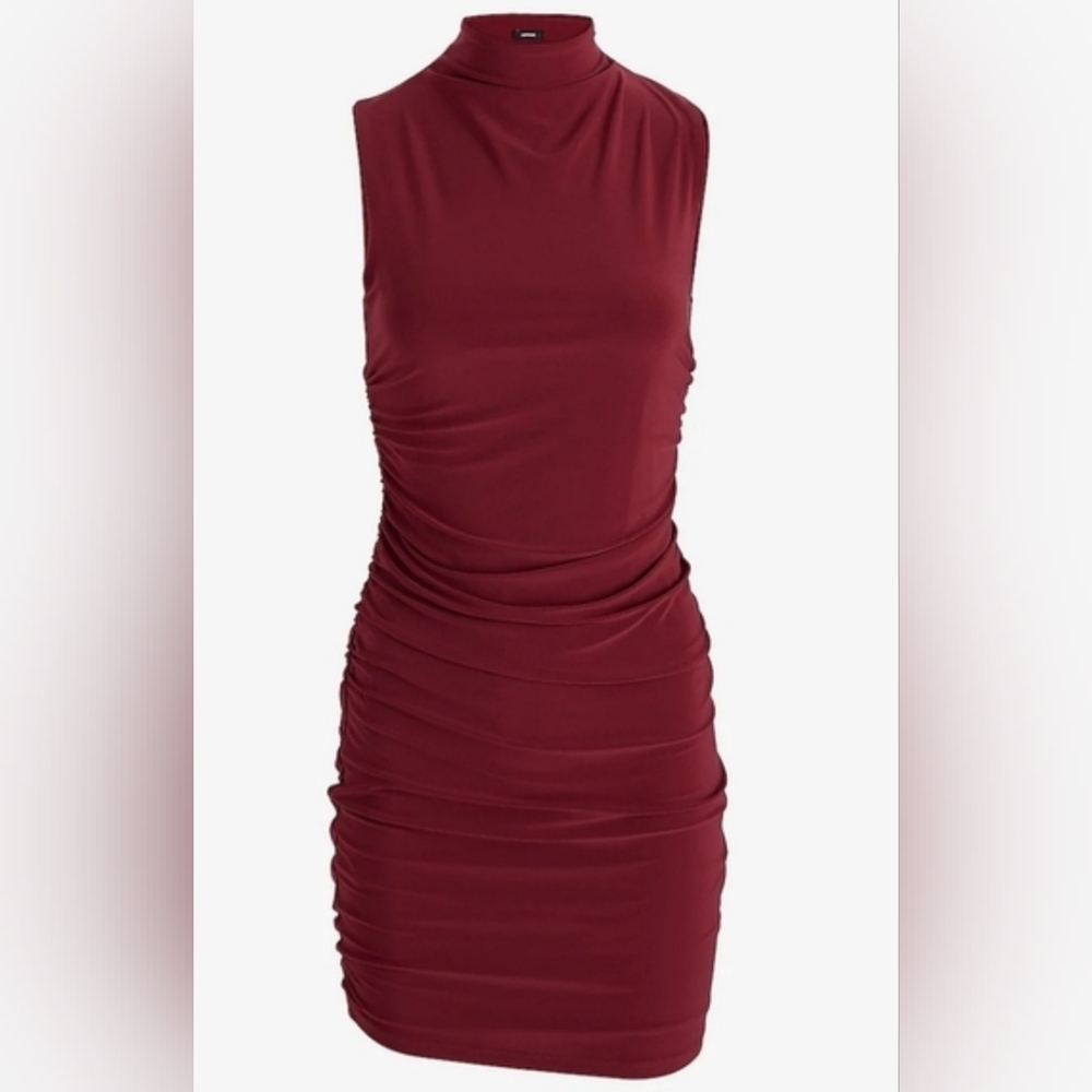 Express Burgundy Sleeveless Mock Neck Bodycon Midi Dress w/ Ruched Detailing - Picture 9 of 9